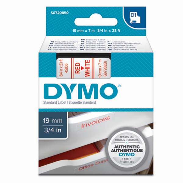 DYMO D1 ŞERİT STANDART 19 MMX7 MT BEYAZ ÜZERİNE KIRMIZI 45805