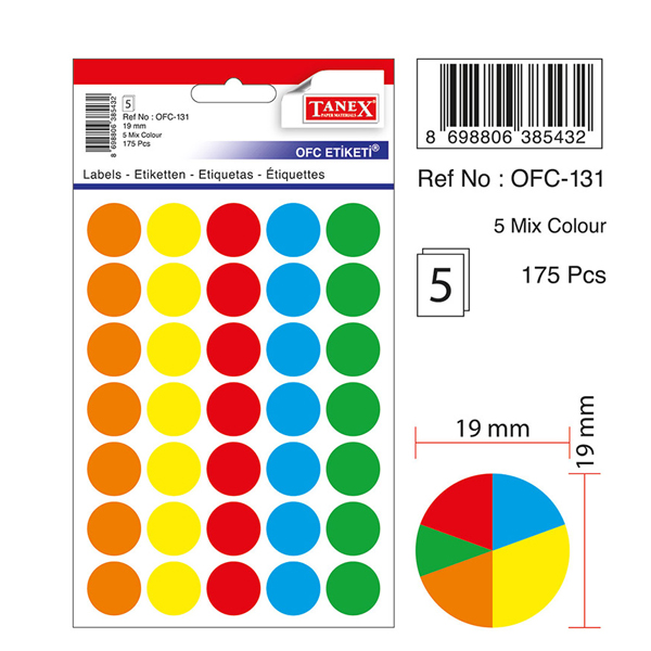 Tanex Ofis Etiketi Poşetli Yuvarlak 19 Mm Mix Color Ofc-131 - 10'lu Paket