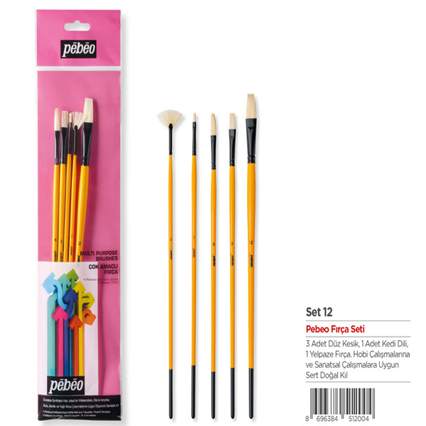 Pebeo Fırça Seti Beyaz Brıstel Kıl Uzun Sap No:2-6-8-12+Yelpaze Fırça No:2 5 Li Set-12