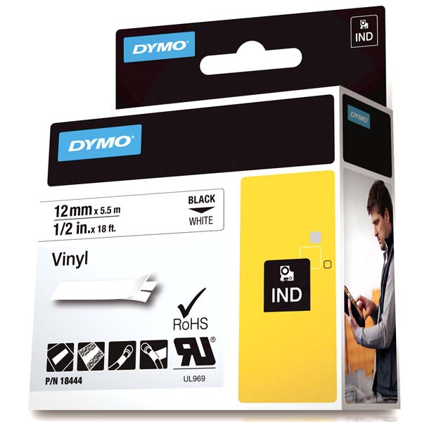 DYMO RHİNO PRO ETİKETİ RENKLİ VİNİL 12 MMX5.5 MT BEYAZ ÜZERİNE SİYAH 18444