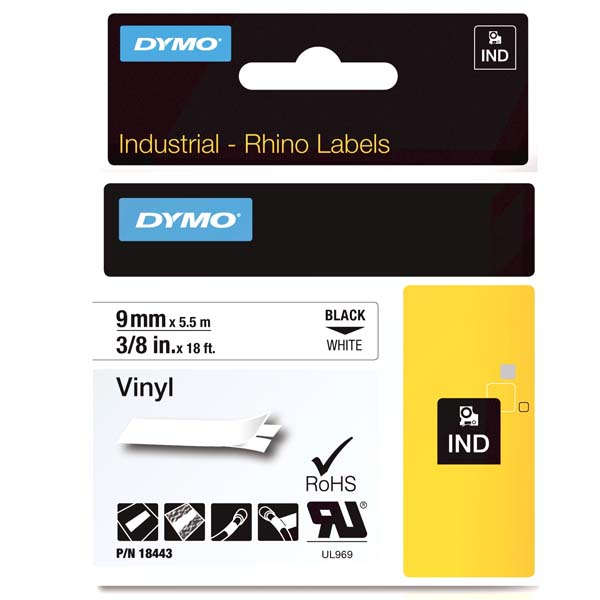 Dymo Rhino Pro Etiketi Renkli Vinil 9 Mmx5,5 Mt Beyaz Üzerine Siyah 18443 - 5'li Paket