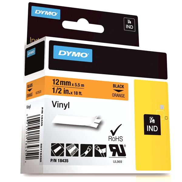 DYMO RHİNO PRO ETİKETİ RENKLİ VİNİL 12 MMX5.5 MT TURUNCU ÜZERİNE SİYAH 18435