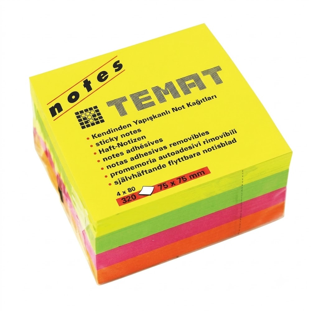 TEMAT YAPIŞKANLI NOT KAĞIDI KÜP FOSFORLU RENK 75X75 MM