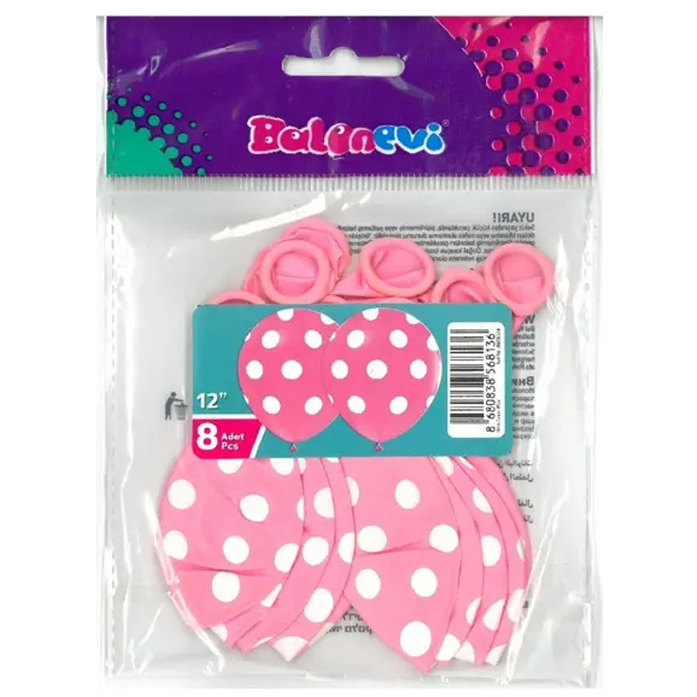 BALONEVİ BALON ÇEPEÇEVRE PUANTİYE BASKILI PEMBE 12" 8 Lİ