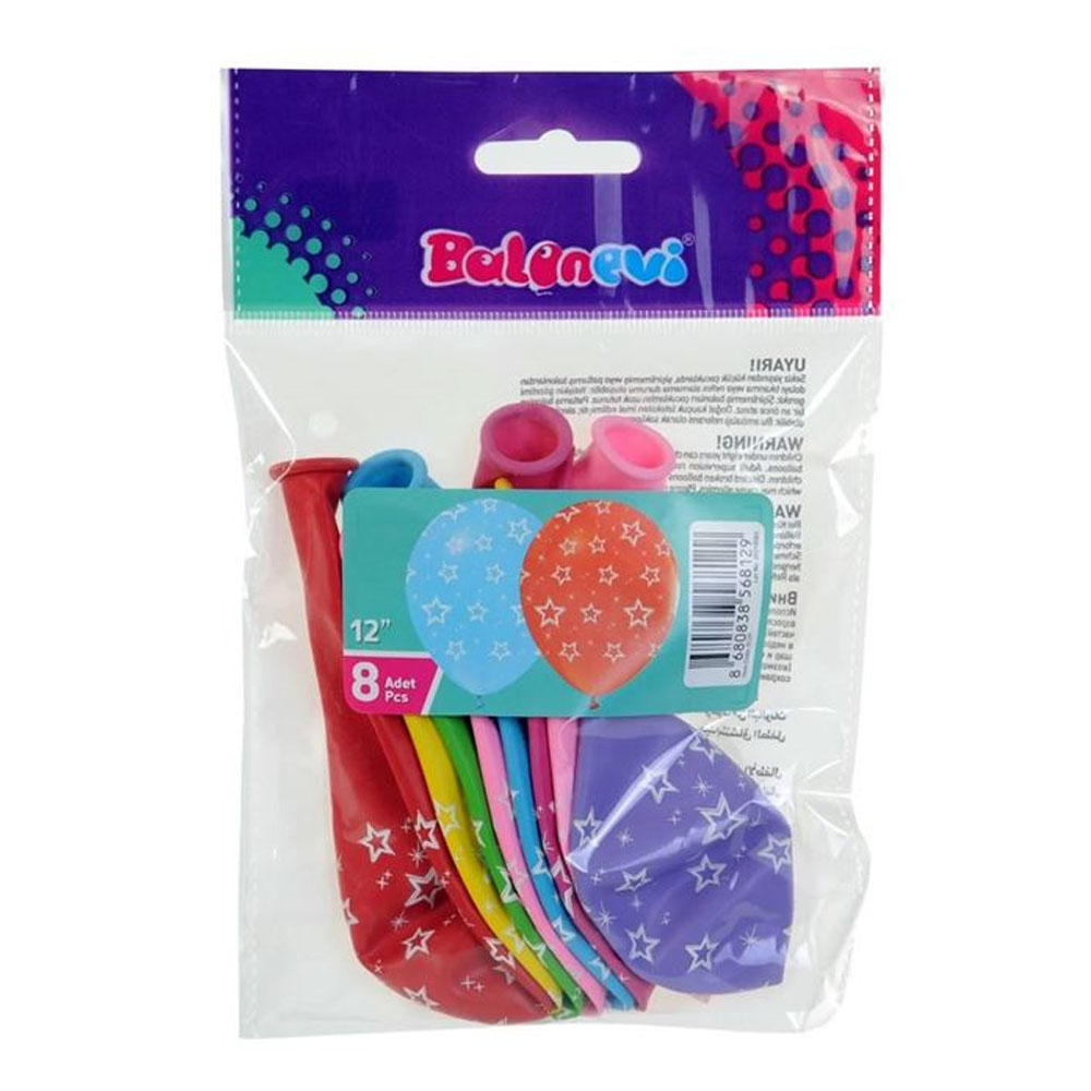 BALONEVİ BALON ÇEPEÇEVRE YILDIZ BASKILI 12 İNC BALONLAR 8 Lİ