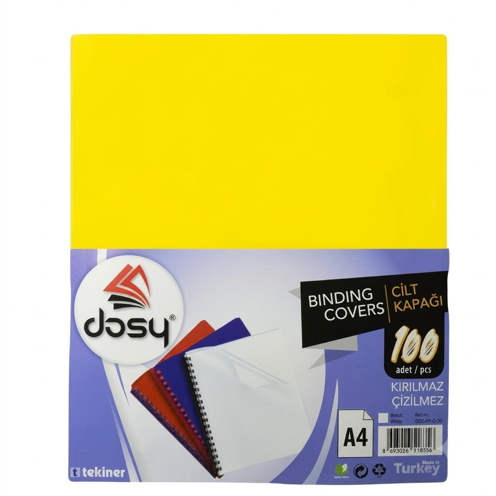 DOSY CİLT KAPAĞI PLASTİK OPAK A4 SARI 100 LÜ