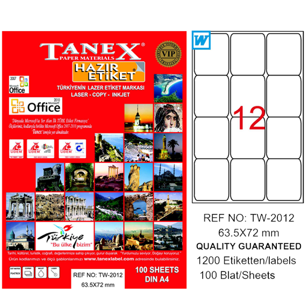 Tanex Laser Etiket 100 Yp 63X72 Mm Laser-Copy-Inkjet Tw-2012