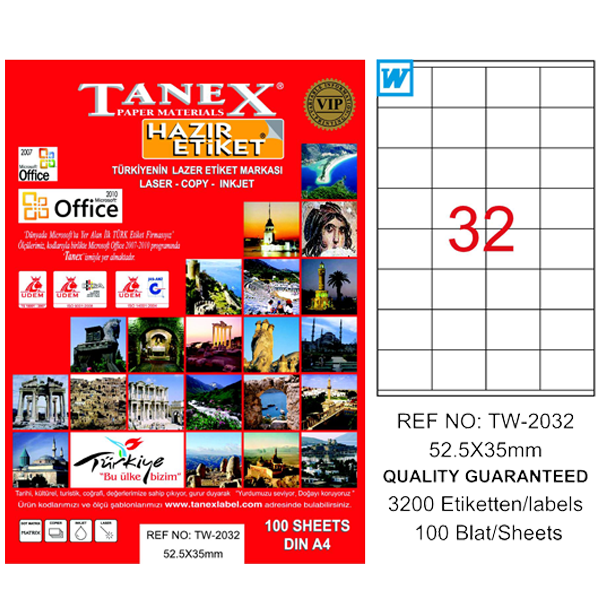 TANEX LASER ETİKET 100 YP 52.5X35 LASER-COPY-INKJET TW-2032