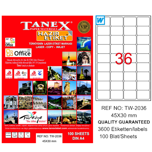 Tanex Laser Etiket 100 Yp 45X30 Laser-Copy-Inkjet Tw-2036