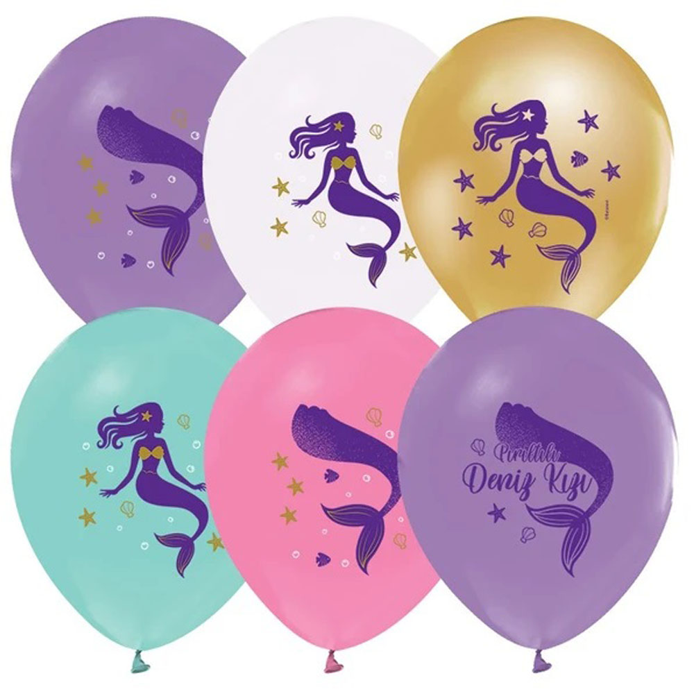BALONEVİ BALON 3+1 PIRILTILI DENİZ KIZI BASKILI 12"