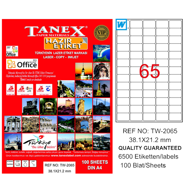Tanex Laser Etiket 100 Yp 38.1X21.2 Laser-Copy-Inkjet Tw-2065