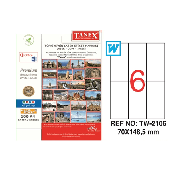 TANEX LASER ETİKET 100 YP 70X148.5 LASER-COPY-INKJET TW-2106