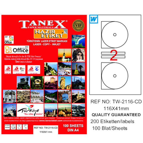 TANEX CD ETİKETİ LASER-COPY-INKJET 100 YP 116X41 MM TW-2116