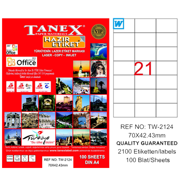 TANEX LASER ETİKET 100 YP 70X42.43 LASER-COPY-INKJET TW-2124