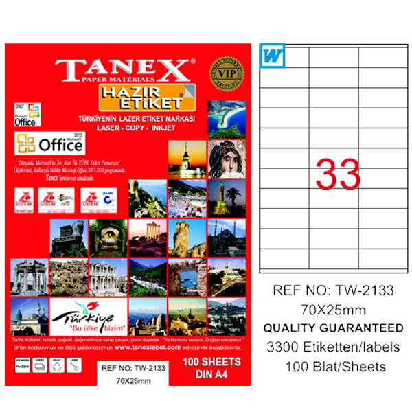Tanex Laser Etiket 100 Yp 70X25 Laser-Copy-Inkjet Tw-2133