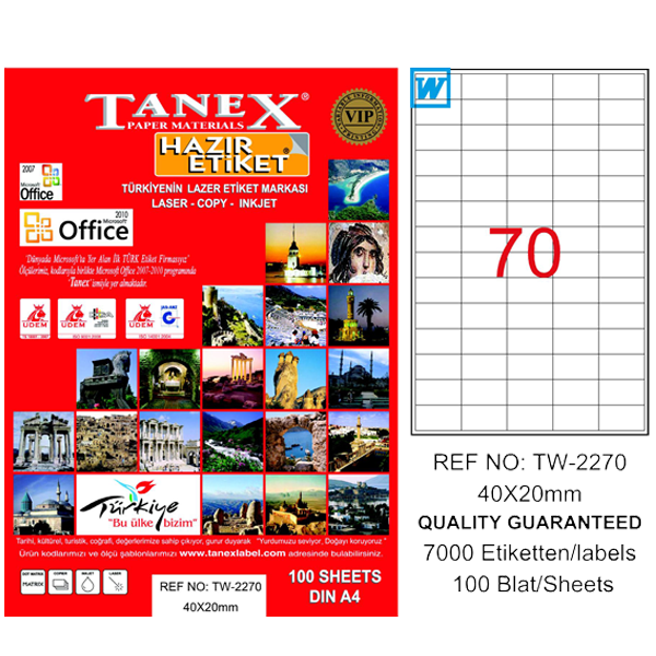 Tanex Laser Etiket 100 Yp 40X20 Mm Laser-Copy-Inkjet Tw-2270
