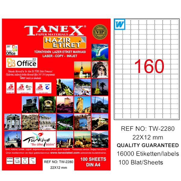 Tanex Laser Etiket 100 Yp 22X12 Mm Laser-Copy-Inkjet Tw-2280