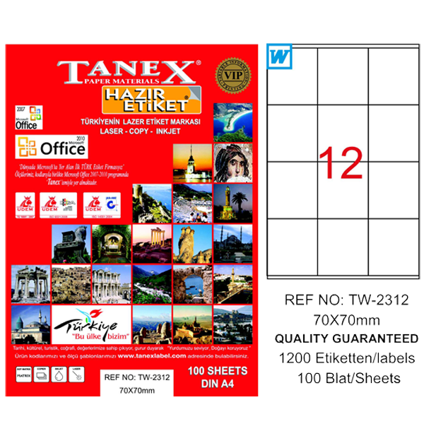 TANEX LASER ETİKET 100 YP 70X70 LASER-COPY-INKJET TW-2312