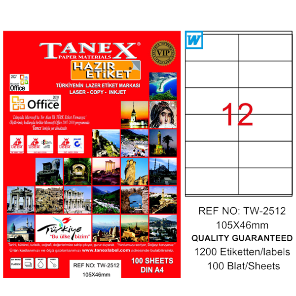 Tanex Laser Etiket 100 Yp 105X46 Laser-Copy-Inkjet Tw-2512