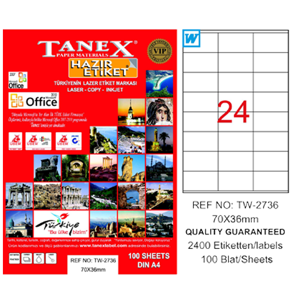 Tanex Laser Etiket 100 Yp 70X36 Laser-Copy-Inkjet Tw-2736