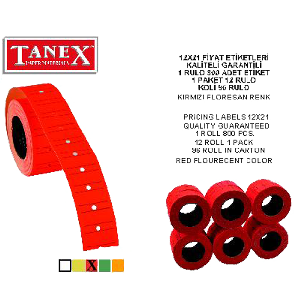 Tanex Fiyat Etiketi Çizgili 12X21 Fosforlu Kırmızı - 6'lı Paket