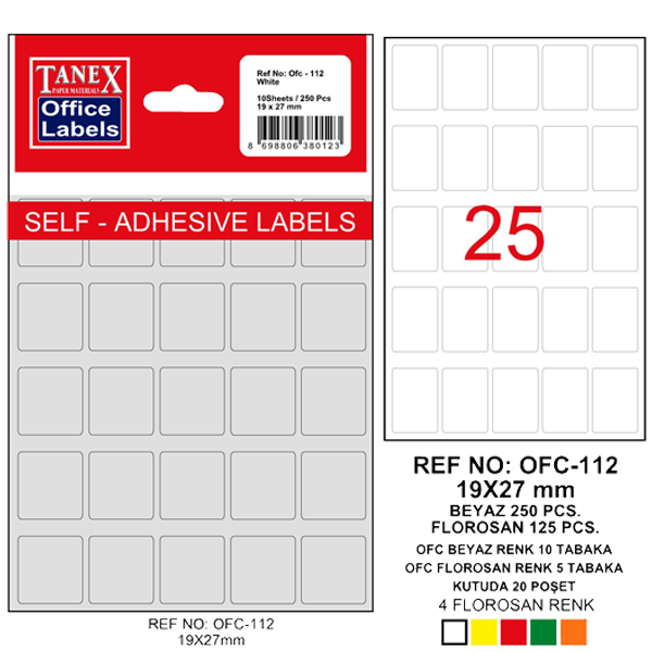 Tanex Ofis Etiketi Poşetli 19X27 Mm Beyaz Ofc-112 - 10'lu Paket