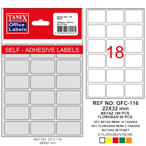 Tanex Ofis Etiketi Poşetli 22X32 Mm Beyaz Ofc-116 - 10'lu Paket