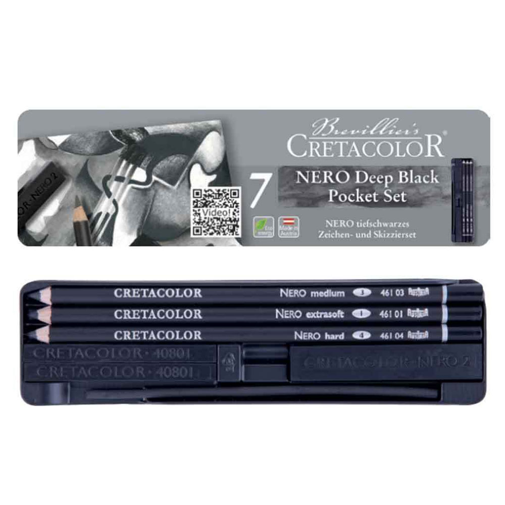 CRETACOLOR NERO DRAWİNG SET YAĞLI KÖMÜR ÇİZİM SETİ 7 PARÇA METAL KUTU 40008